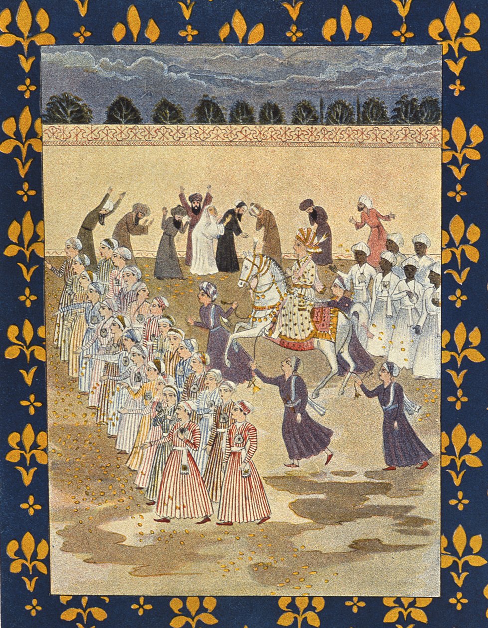 The Cortege of Aladdin, illustrasjon for Aladdin, fra The Arabian Nights, 1895 (fargegravering) av French School