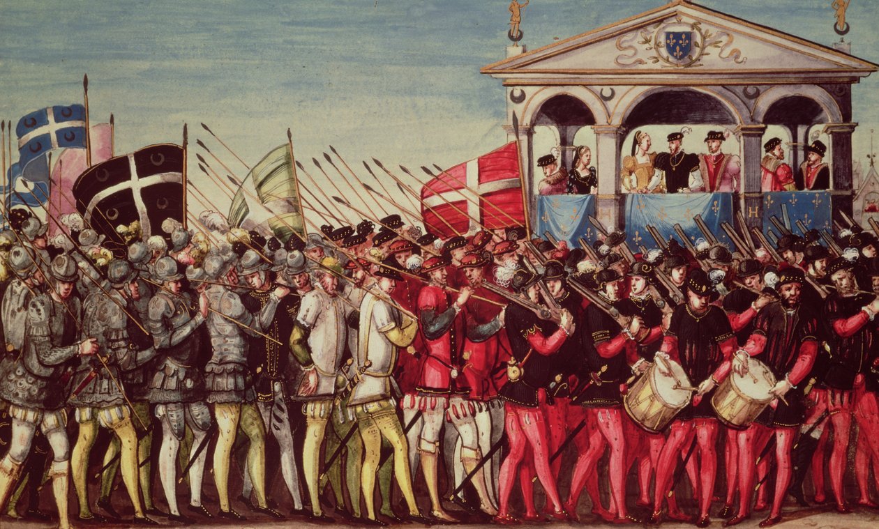 The Cortege of Drummers and Soldiers ved Royal Entry Festival of Henri II (1519-59) til Rouen, 1. oktober 1550 av French School
