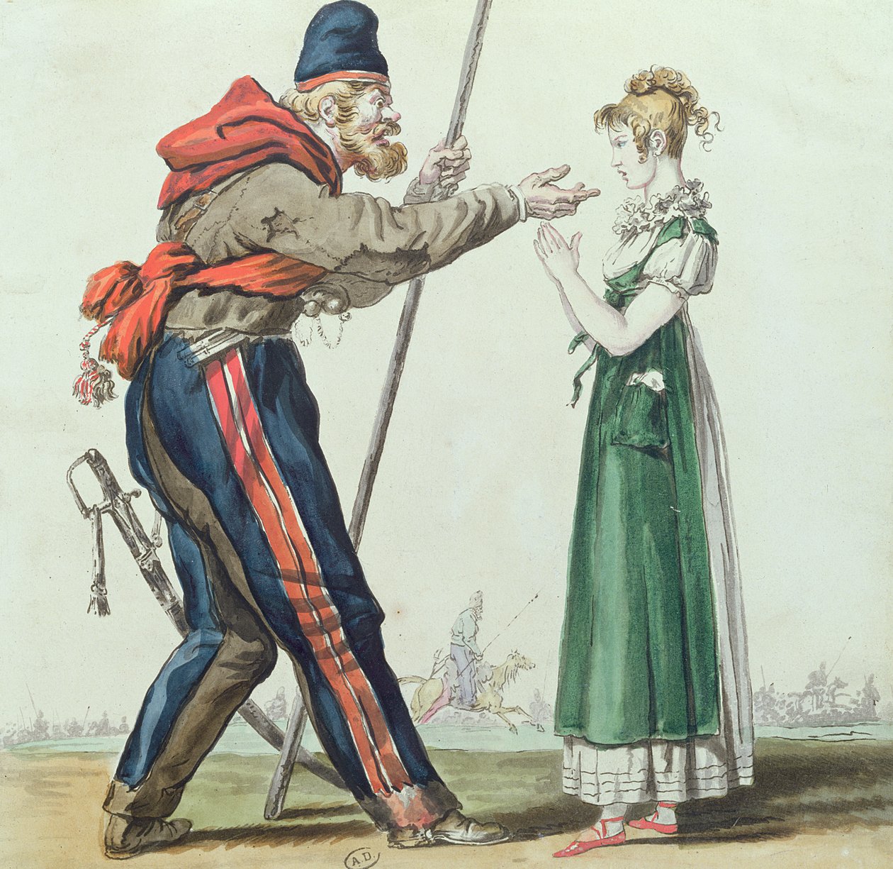 Kosaken i Paris, ca. 1815 (penn og blekk og wc på papir) av French School