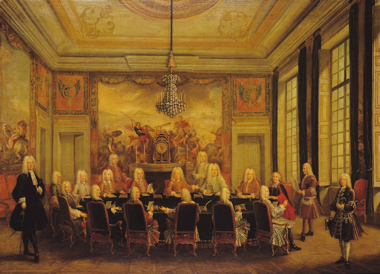 Regencyrådet for mindretallet av Ludvig XV (1710-74) 16. september 1715 av French School