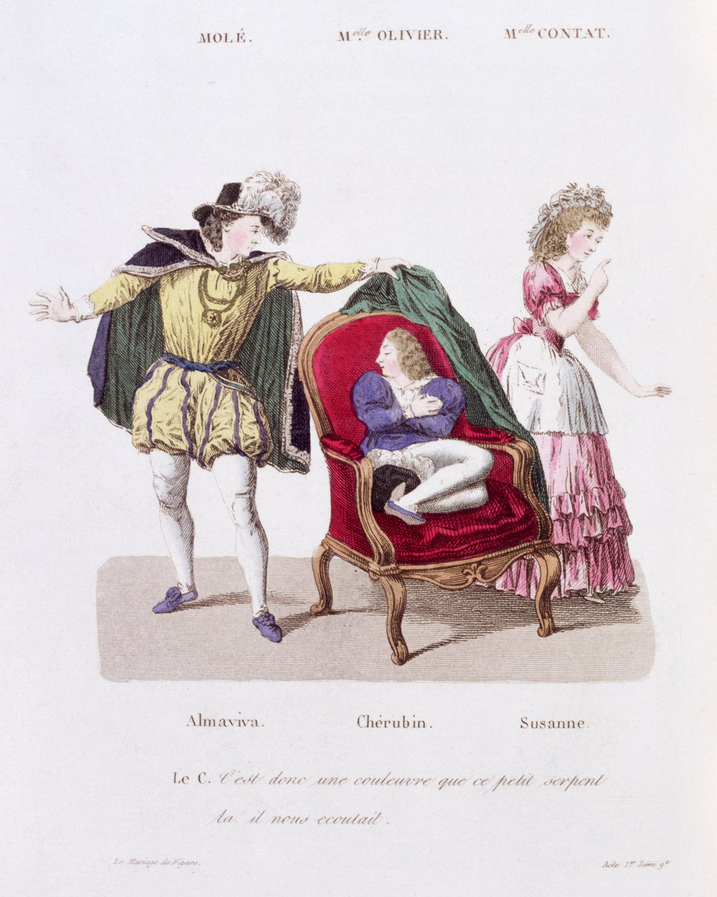 Greven oppdager Cherubin, Act I Scene 9 fra The Marriage of Figaro av Pierre Augustin Caron de Beamarchais (1732-99) av French School