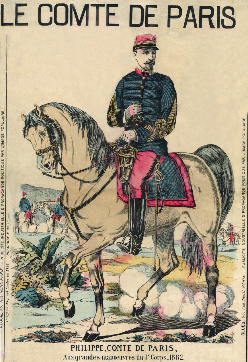 Greven av Paris: Philippe d'Orleans (1838-1894), han ble ansett som arven etter Frankrikes trone av sine tilhengere. Gravering, i "" Le Figaro, supplement"", 30.03.1889, Paris. av French School