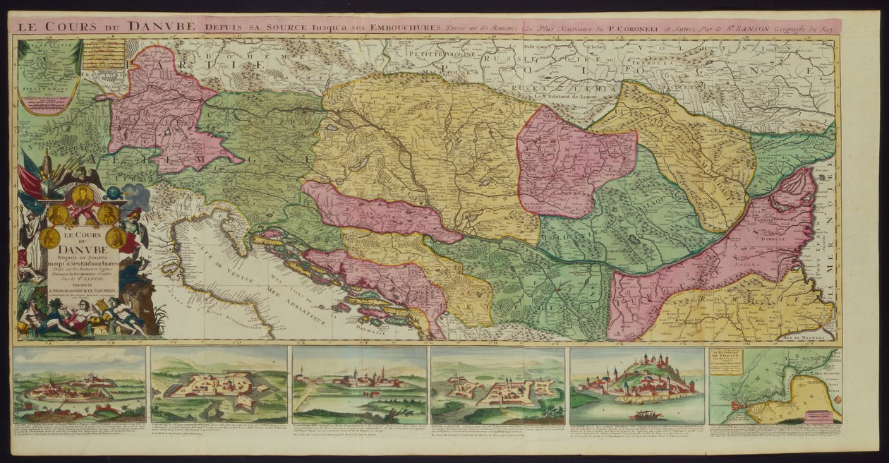 Donaus løp fra dens kilde til munnen, basert på de siste minnene til P. Coroneli og S. Sanson, geograf til kongen (farge litho) av French School