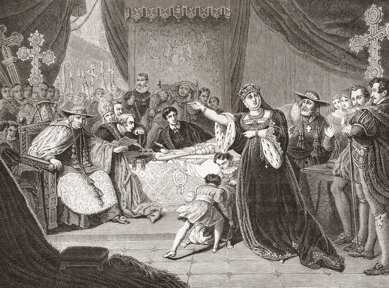 Court for the Trial of Queen Katharine av George Henry Harlow, som viser fru Siddons som dronning Katharine i Shakespeares Henry VIII. Fra Histoire des Peintres, École Anglaise, utgitt 1867 (litho) av French School