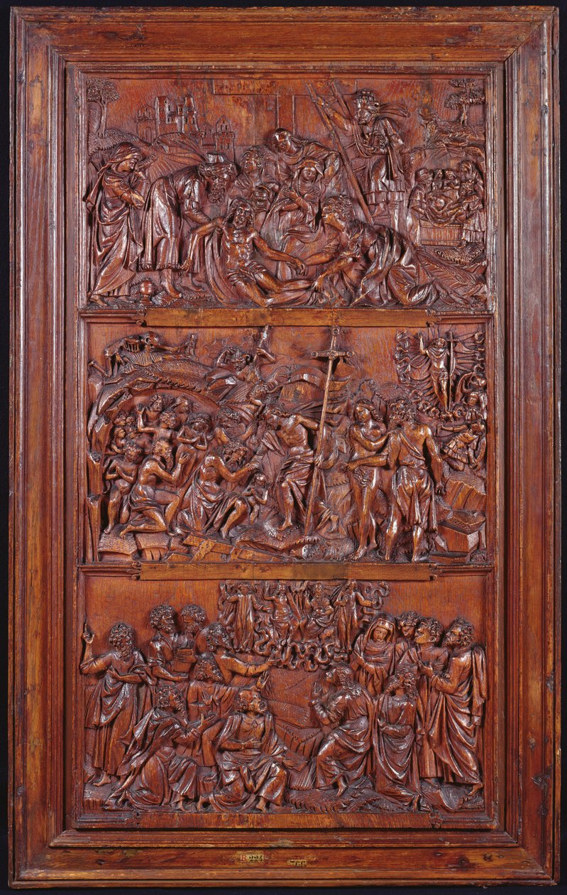 The Credo, Panel II: Decsent from the Cross, Entombment, Resurrection and Descent into Limbo and Ascension, 1587 (tre) (se også 414036, 4140389) av French School