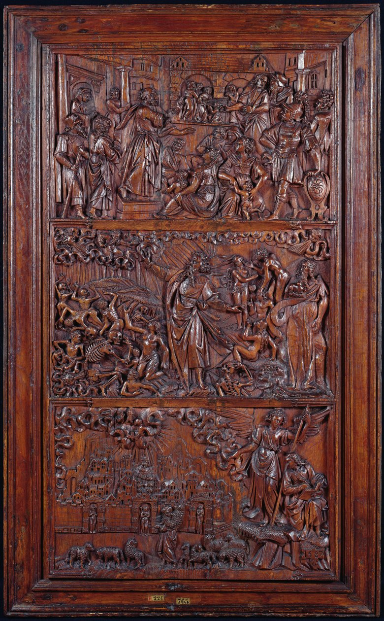 The Credo, Panel IV: The Remission of Sins, Ezekiels Vision of the Dry Bones og St. Johns Vision of Jerusalem, 1587 (tre) (se også 414036-8) av French School