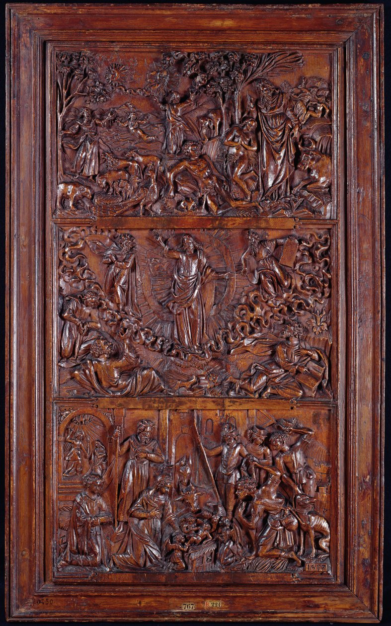 The Credo, Panel I: The Creation of the World, Transfiguration, Annunciation and Nativity, 1587 (tre) (se også 414037-9) av French School