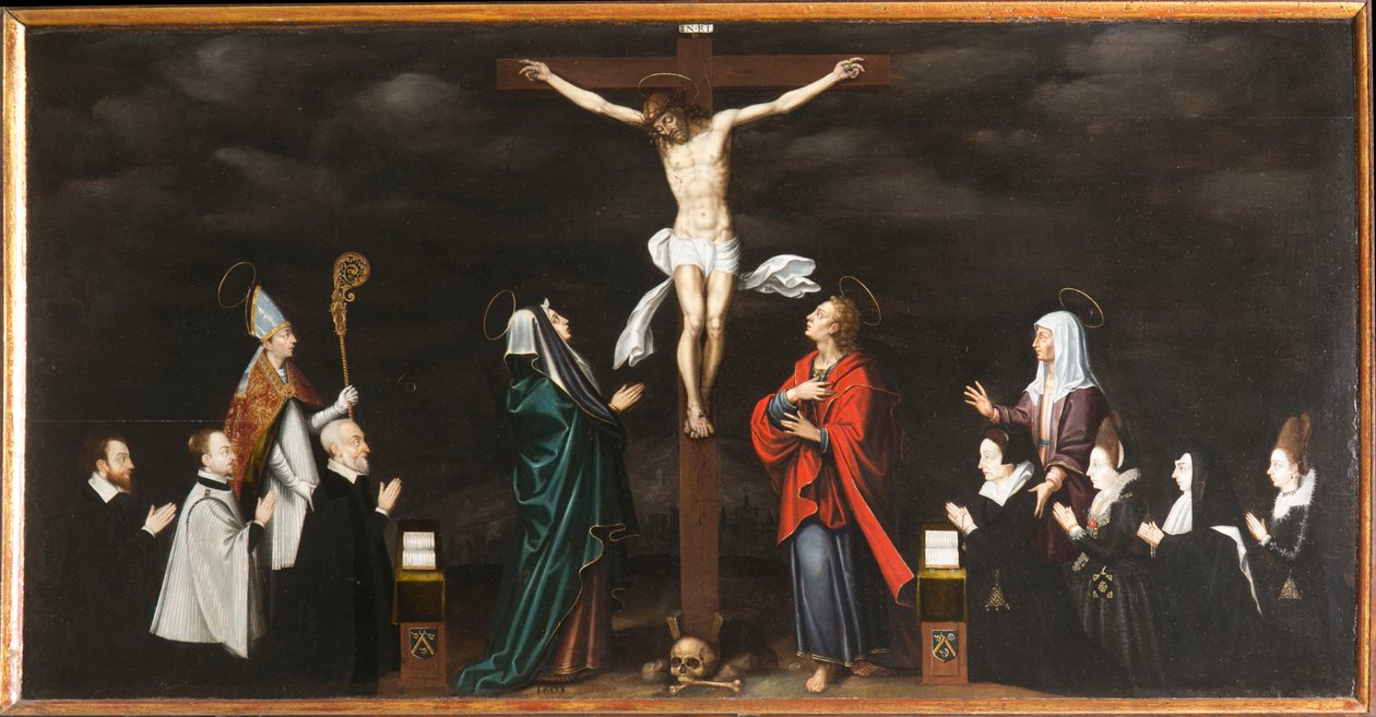 Korsfestelsen, portretter av givere. Triptyk av Aubery av French School
