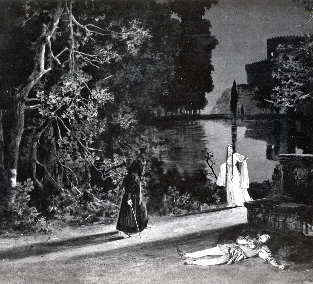 The Death of Pelleas, Act IV, Scene 4 av Pelleas et Melisande av Debussy, fra et fotografi av den første produksjonen i april 1902 av operaen på Opera-Comique i Paris, illustrasjon i Theatre m av French School