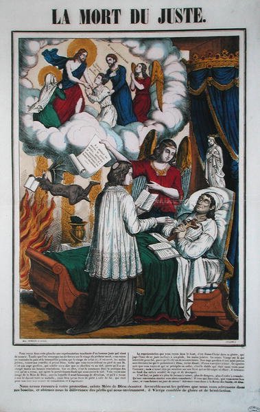 The Death of the Just Man and the Angel Tar Ham to Heaven, midten av 1800-tallet (farge litho) av French School