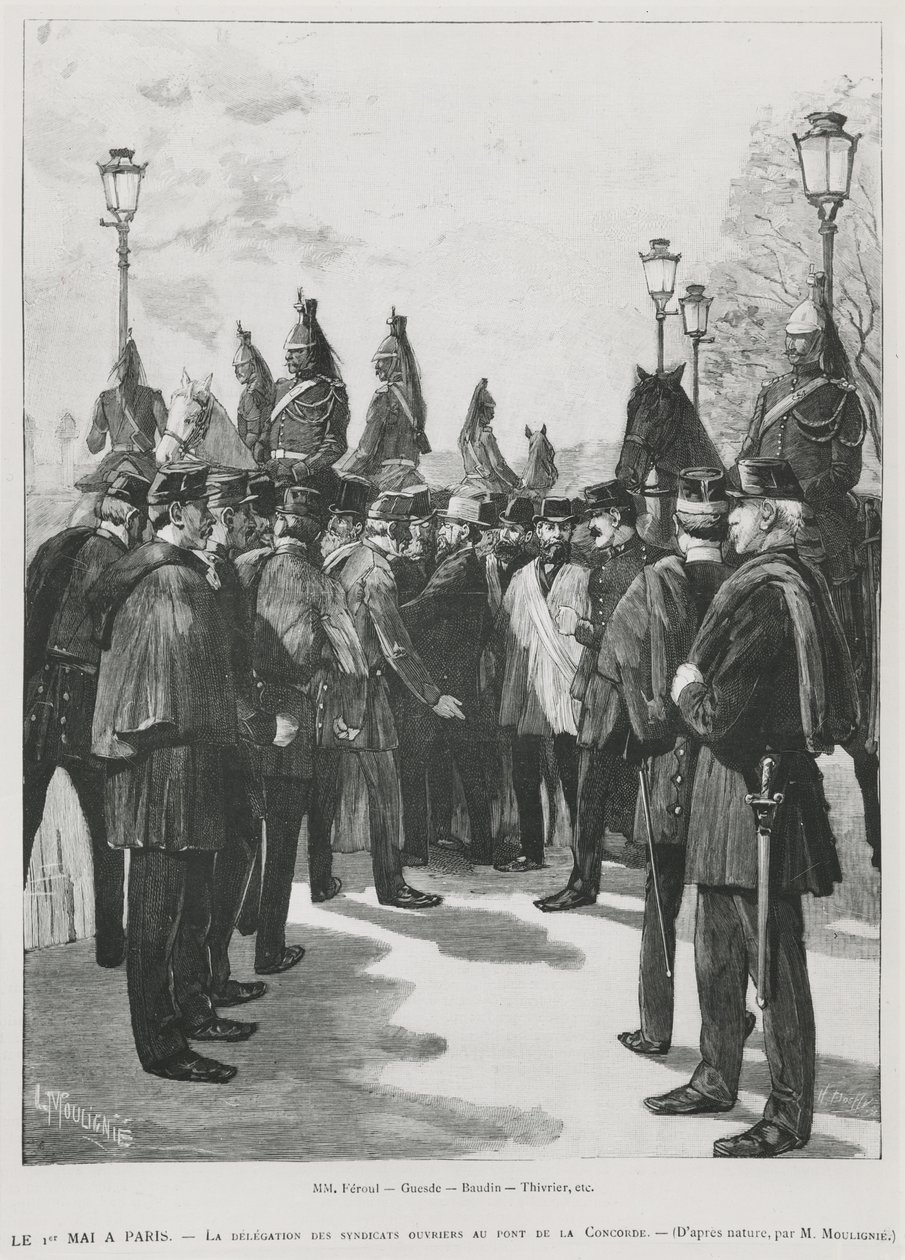 Fagforeningenes delegasjon ved Pont de la Concorde under demonstrasjonen for 1. mai i Paris, 1. mai 1890, gravert av L. Moulignie, regravering) av French School