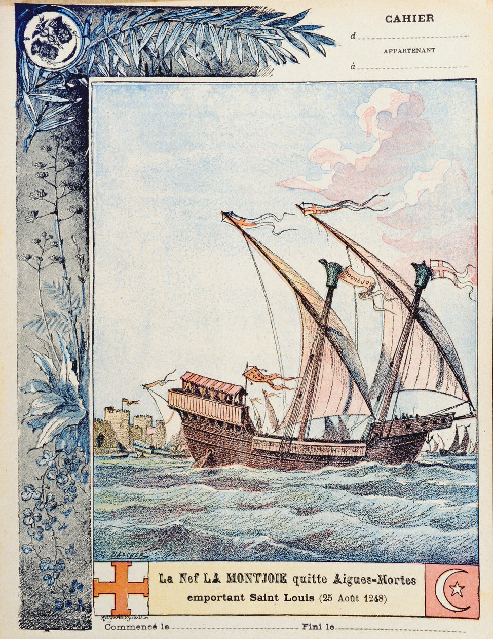 Avgangen til Saint Louis i hans skip Montjoie fra Aigues-Mortes den 25. august 1248, omslagsillustrasjon av en skoleoppgavebok, ca. 1900 av French School