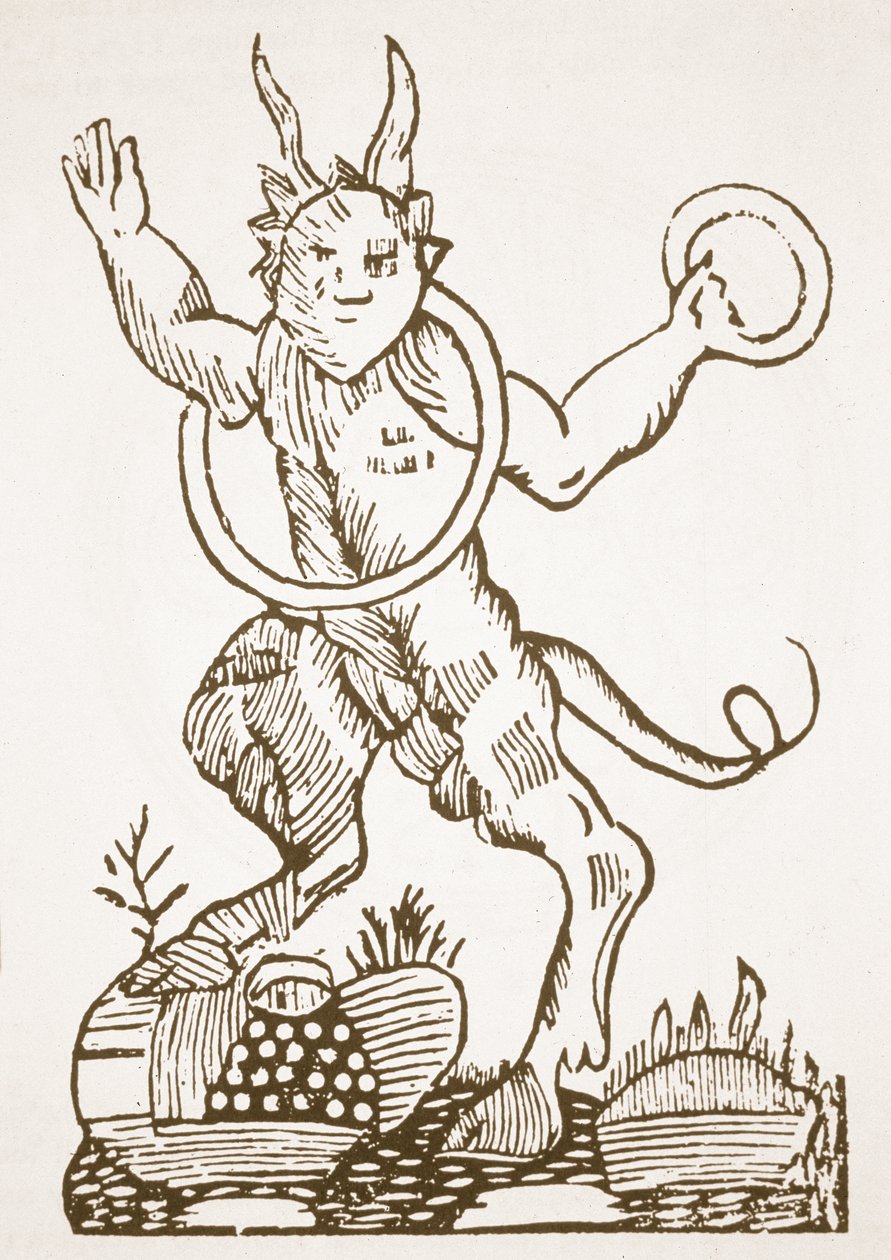 Djevelen som peker ut skjulte skatter, kopi av en illustrasjon fra Le Veritable Dragon Rouge, Lille 1521, brukt i en magihistorie, utgitt sent på 1800-tallet av French School