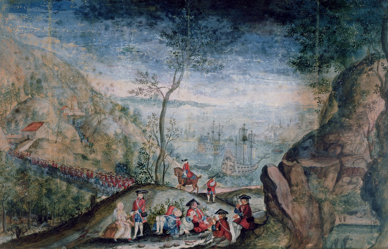 Ilandstigningen av 50 soldater fra det sveitsiske regimentet Karrer ved Louisbourg på øya Cap-Breton mellom 1722-33 (wc på papir) av French School