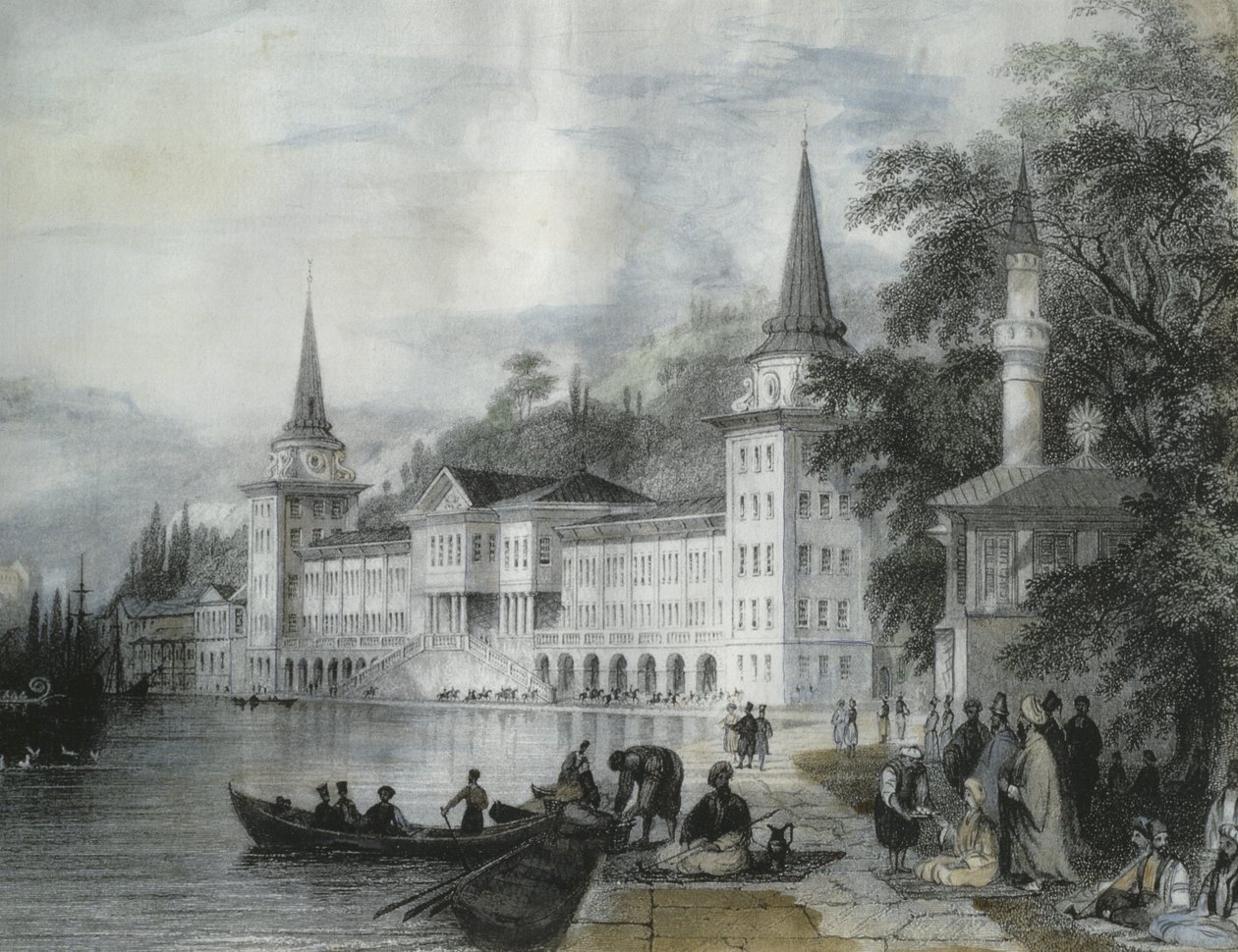 Dolmabahce-palasset på Bosporos, 1840 (fargegravering) av French School