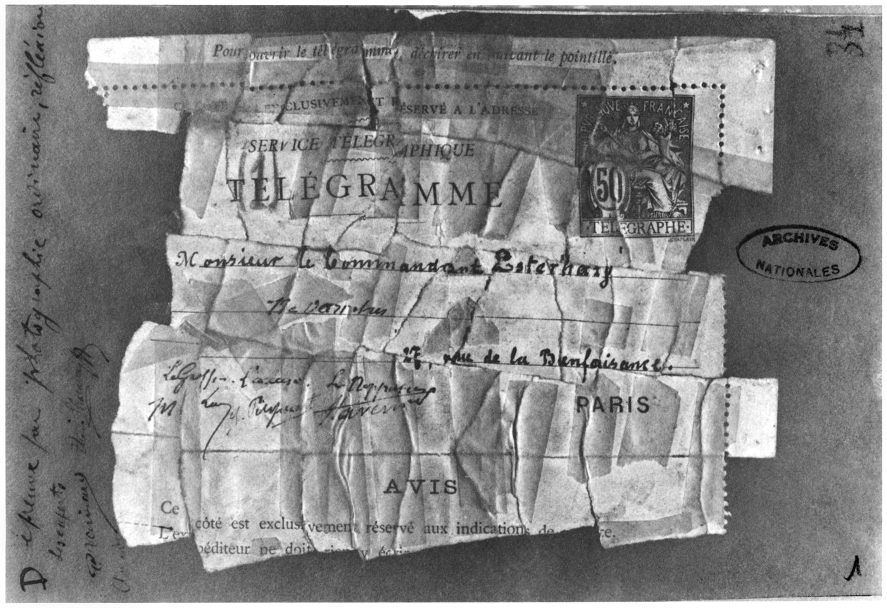 Dreyfus-affæren, 22. desember 1894, telegram sendt til kommandant Esterhazy av French School