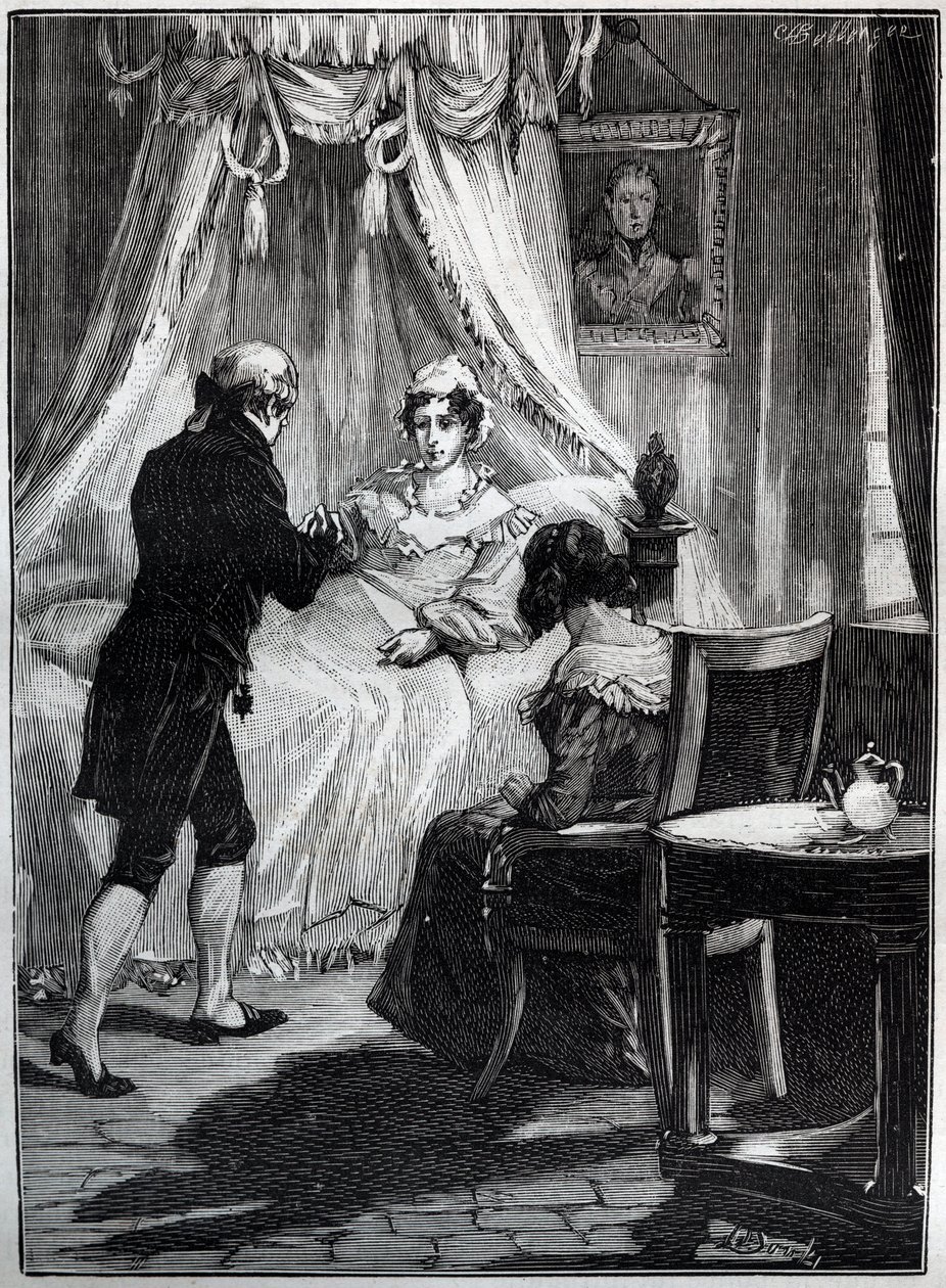 Hertuginnen av Berry (Marie Caroline, prinsesse av de to Siciliene, hertuginne av Berry (1798-1870) ved festningen Blay mottar doktor Louis Charles Deneux (1767-1846) - Gravering - av French School