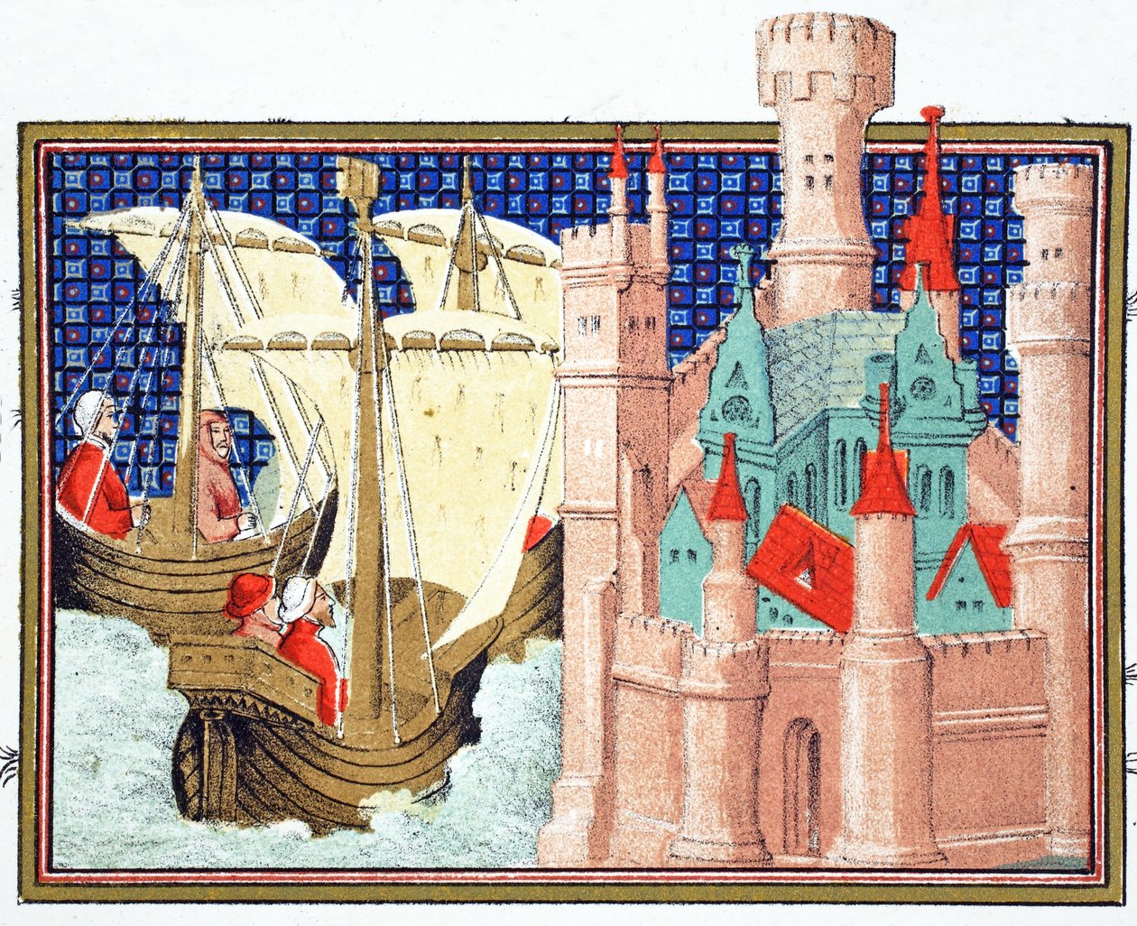 Hertugen av Salisbury ankommer Conway Castle fra Irland, faksimilekopi fra Le Prince et Mort du Roy Richart av Jean Creton, trykt 1800-tallet av French School