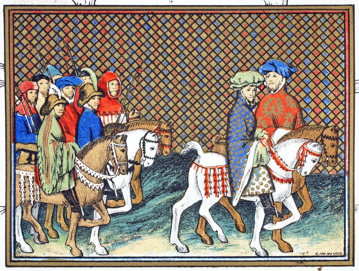 Hertugene av Exeter og Surrey sendt av Richard II fra Conway castle til Chester for å behandle med hertugen av Lancaster, faksimilekopi fra Le Prinse et Mort du Roy Richart av Jean Creton, gjengitt 19. av French School