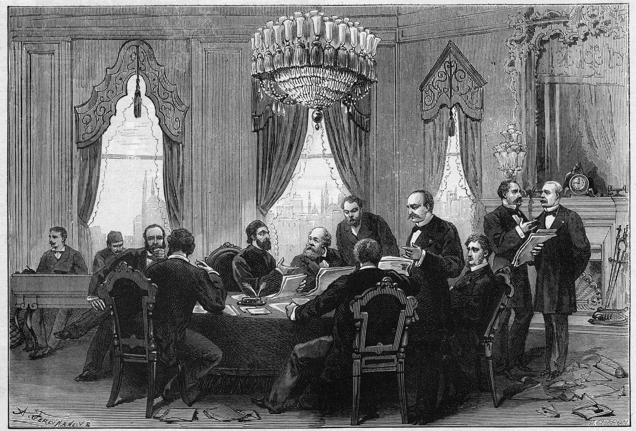 Østkrigen (1875-1878) også kalt den russisk-tyrkiske krigen (russisk-tyrkisk): diplomater møttes på plenumskonferansen i Konstantinopel ved Admirautes palass 23. desember av French School