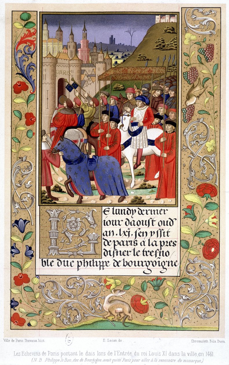 Echevinene i Paris som bar tribunen da kong Ludvig XI gikk inn i byen i 1461 (NB: Philippe den gode, hertugen av Burgund, hadde forlatt Paris for å møte monarken). av French School