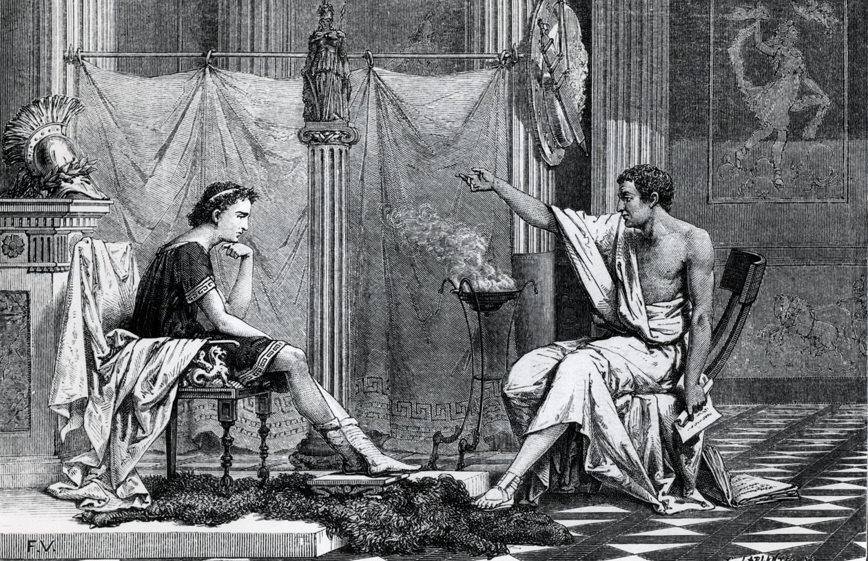 The Education of Alexander the Great (356-323 BC) av Aristoteles (384-322 BC) fra en bok av L. Figuier av French School