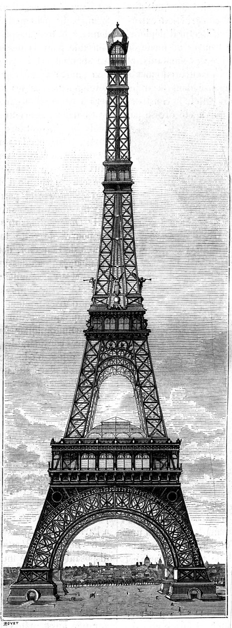 Eiffeltårnet, 300 meter høyt tårn for verdensutstillingen i 1889, i Paris, av ingeniør og industriell Gustave Eiffel (1832-1923). Gravering i "" La Nature. Revue des sciences et de ses applications aux arts et à l'industrie.» 1884. av French School