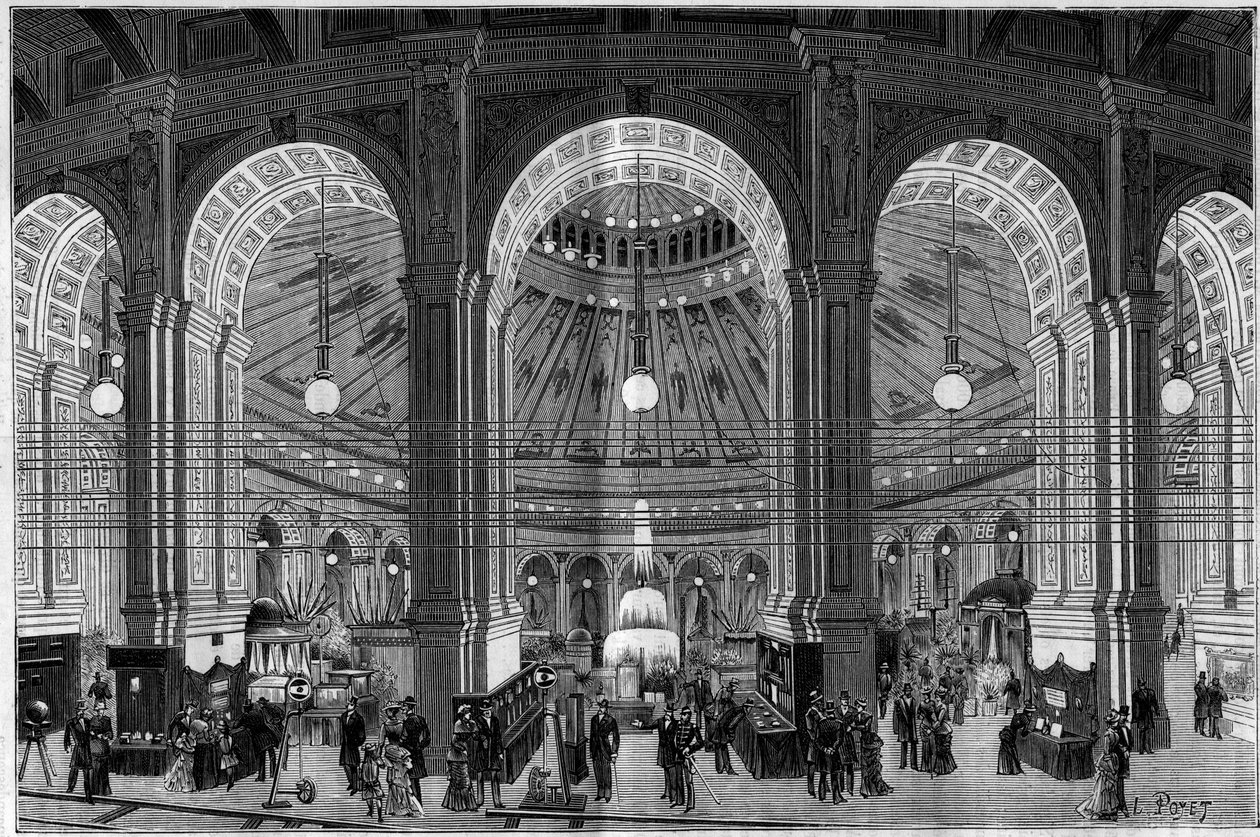 The Electricite Exhibition in Vienna (Austria), an overview of the large rotunda illuminated by electric light. Engraving in “” La Nature. Revue des sciences et de ses applications aux arts et à l
