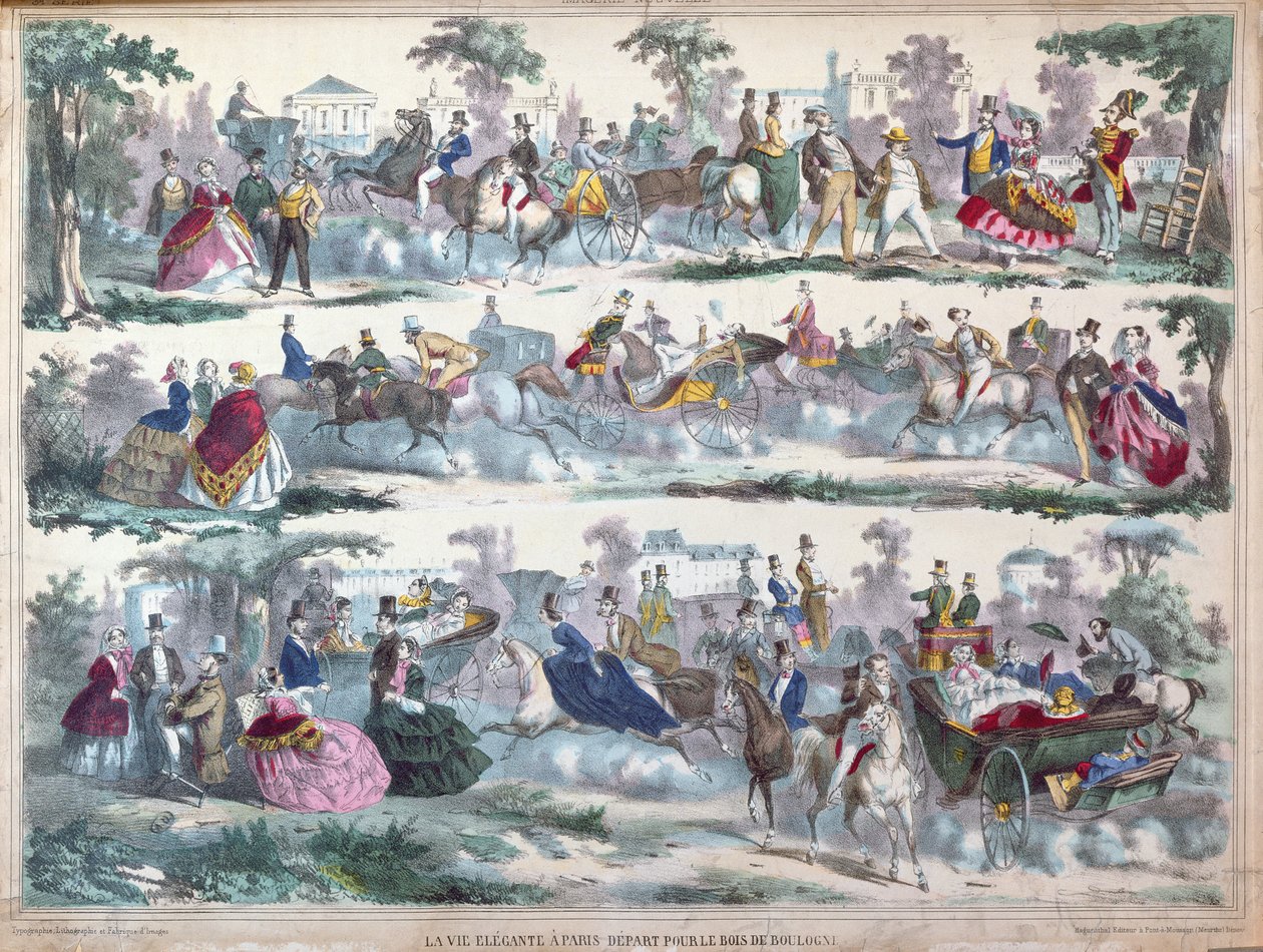 Det elegante livet i Paris - Avreise til Bois de Boulogne, ca. 1860 av French School