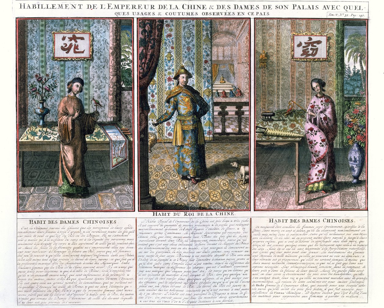 Keiseren av Kina og to adelskvinner, illustrasjon fra et opptrykk av China Monumentis av Athanasius Kircher (1601-80) av French School
