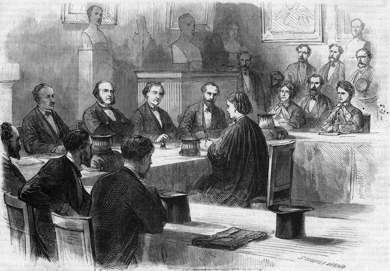 Engelske Elizabeth Garrett Anderson (1836-1917) presenterte henne disse for juryen ved Det medisinske fakultet i Paris i 1870. Hun ble den første kvinnelige legen. Gravering av Godefroy Durand i "" The Illustrous World"" nr. 689 av 25. juni av French School