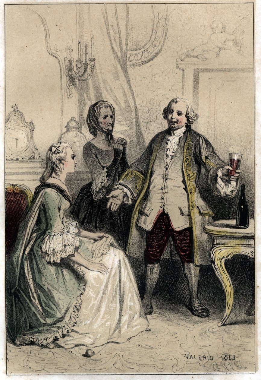 The English comedian David Garrick (1717-1779), disguised as a coach, burst into a duchess eagerful of him to try to reason her and convince her of the absurdity of her love for him Plate taken from “Scenes de la vie des hommes famous”” engraving in two sh av French School
