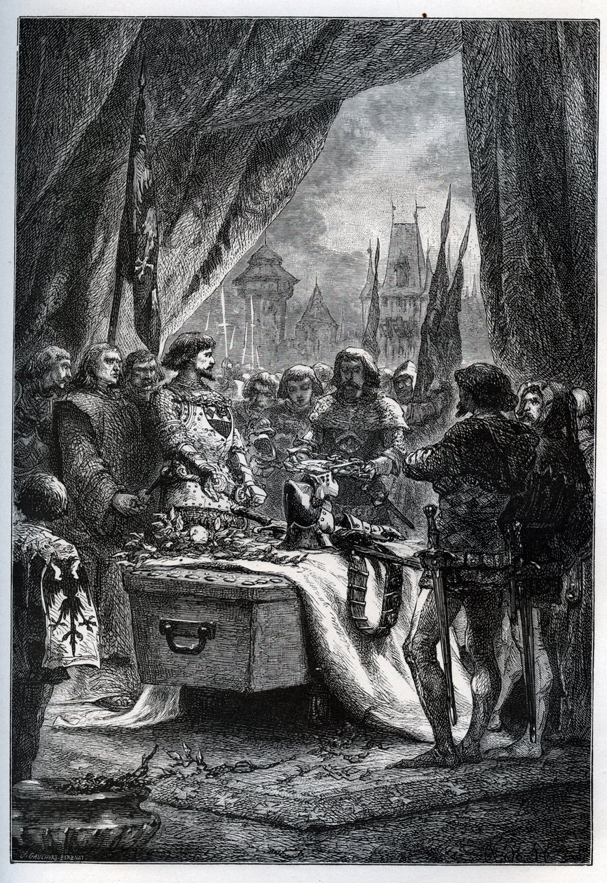 Den engelske guvernøren i Chateauneuf de Randon (Chateauneuf-de-Randon, Auvergne) overga seg og kom for å legge nøklene til plassen på kisten til Bertrand du Guesclin (1320-1380), den 13. juli 1380, foran hvem byen lå. beleiring. Le connetable die av French School