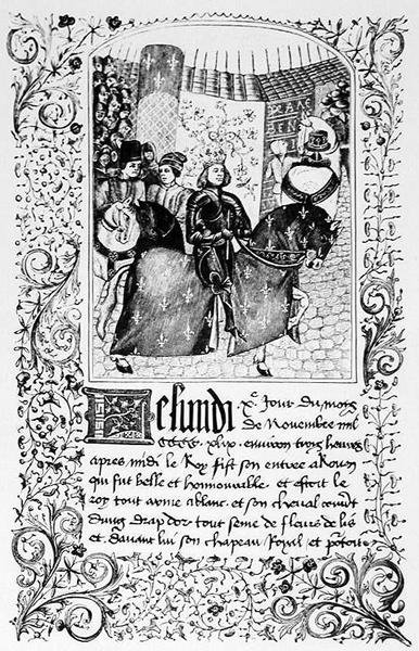 Charles VIIs (1403-61) inntog i Rouen i 1450, fra et manuskript som inneholder beretningen om hundreårskrigen, illustrasjon fra vitenskap og litteratur i middelalderen og renessansen av French School