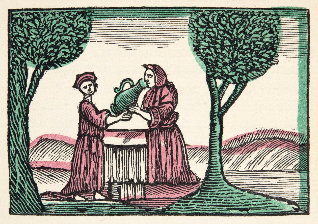 The Fairy from Histories or Tales of Past Times fortalt av Mother Goose, With Morals, av M Perrault, pub. 1925 (håndfarget treblokktrykk) av French School