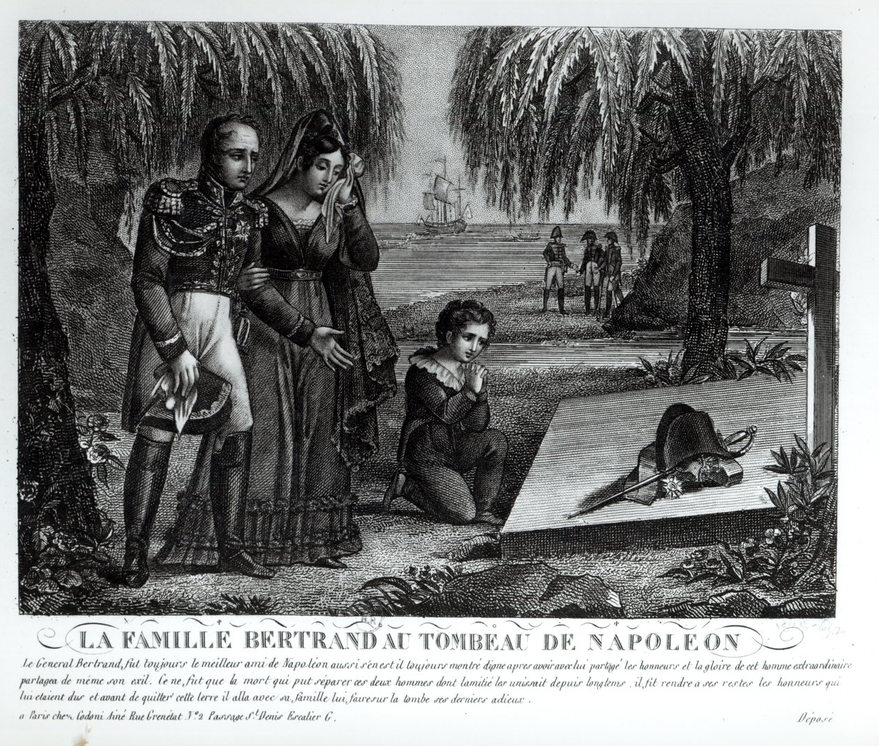 Familien til general Henri-Gratien Bertrand (1773-1844) ved graven til Napoleon Bonaparte (1769-1821) 1821 (litho) (bw-foto) av French School