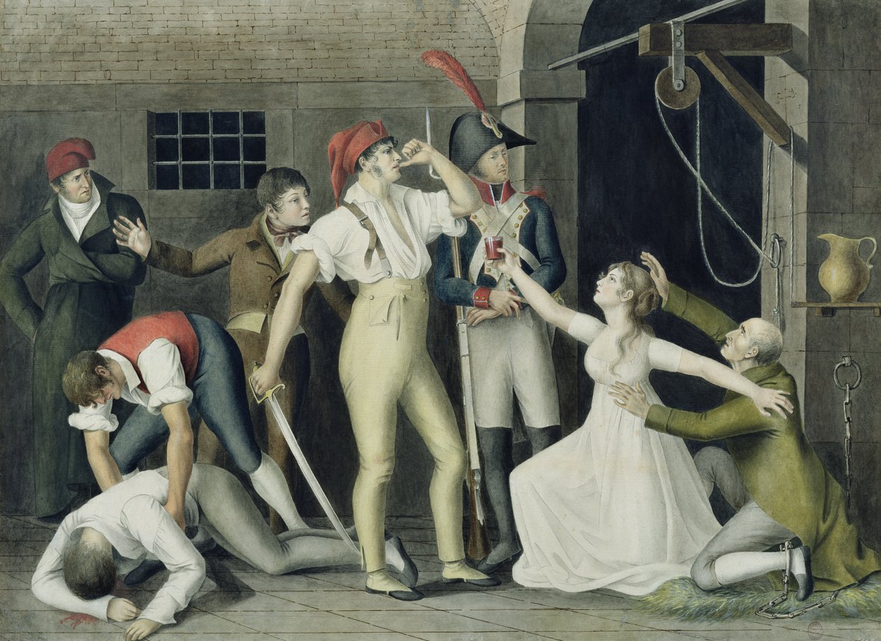 The Filial and Heroic Devotion of Madamemoiselle de Sombreuil i september 1792, ca. 1800 (penn og blekk, wc og gouache på papir) av French School