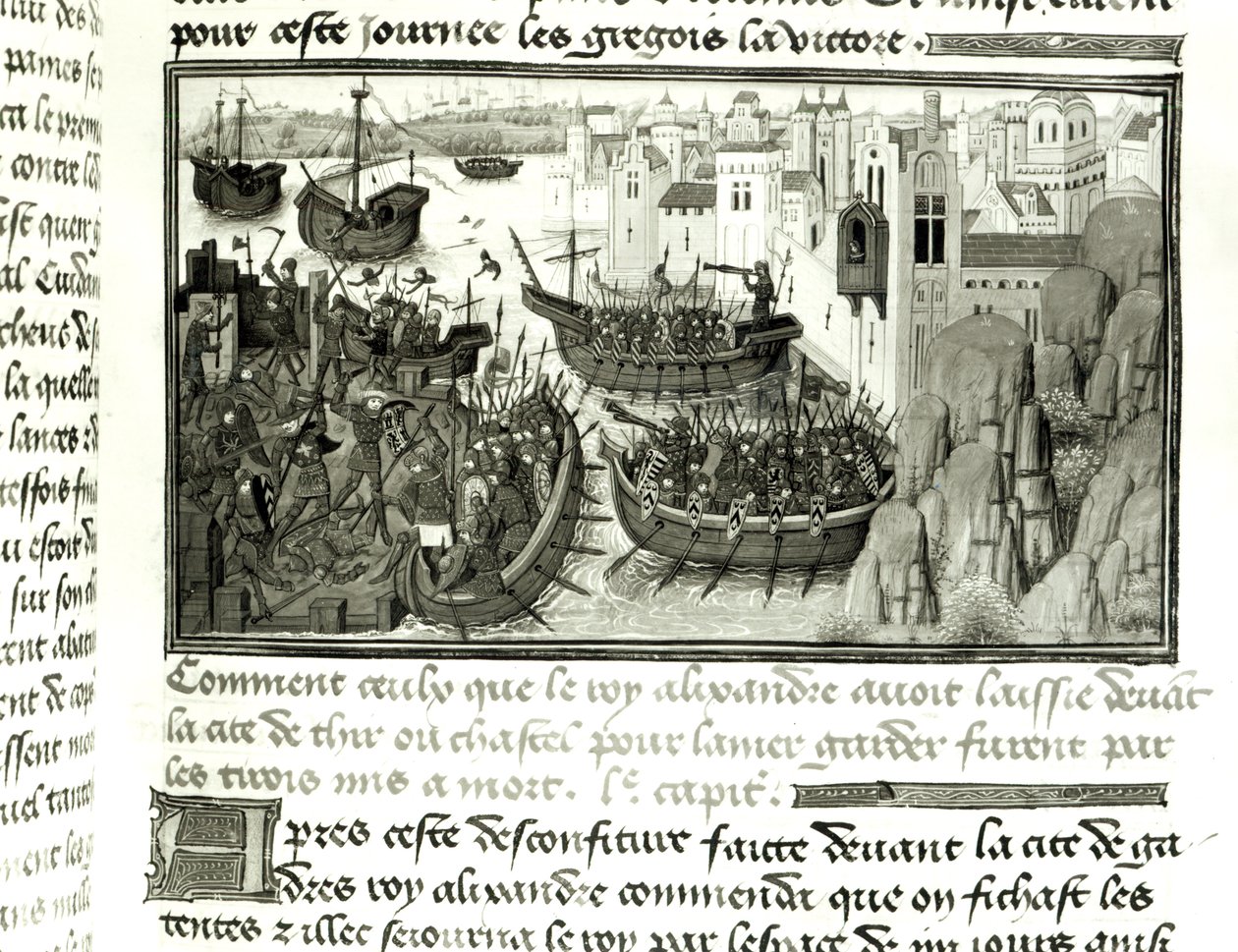 Det første angrepet på Tyre, fra Histoire du Grand Alexandre 1460 av French School