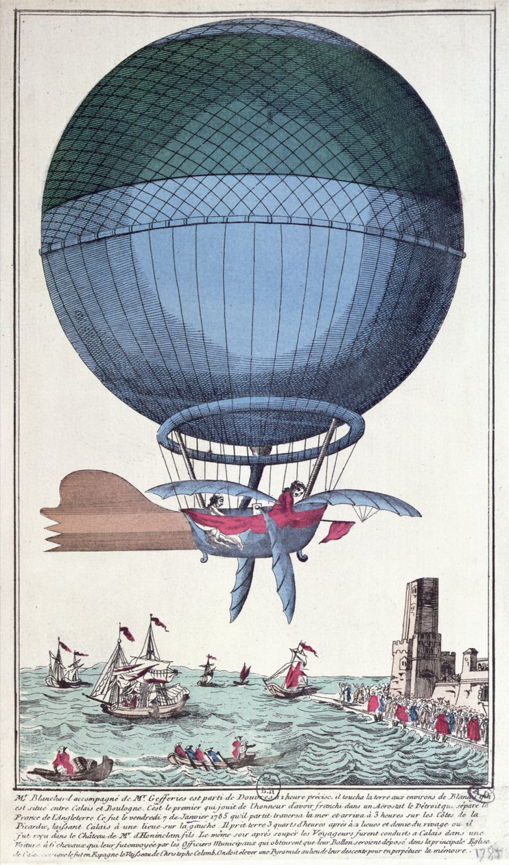 The First Channel Crossing by Air av Jean Pierre Francois Blanchard (1753-1809) og John Jeffries (1744-1819), 1785 av French School