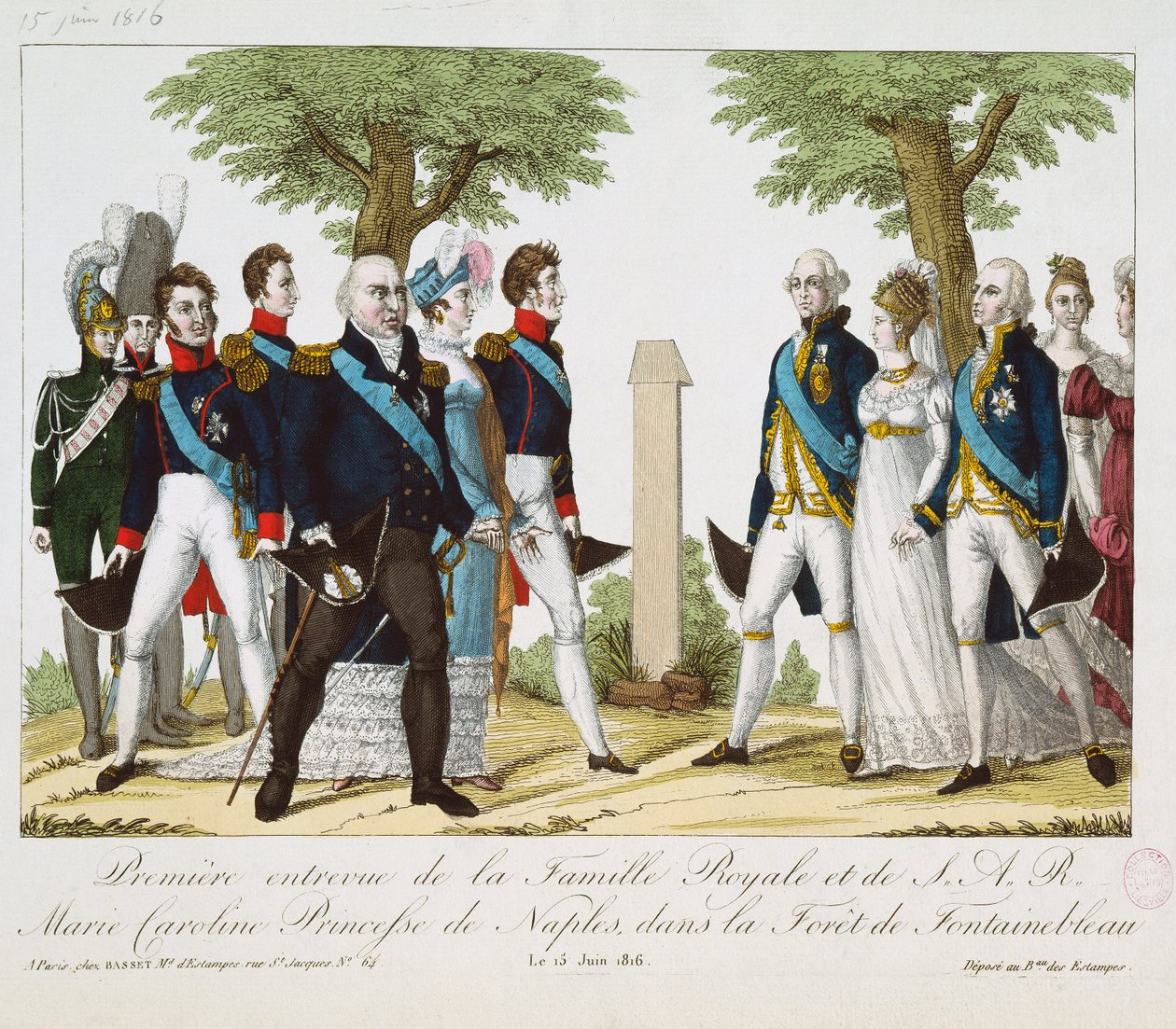 Det første møtet mellom Louis XVIII (1755-1824) og Marie-Caroline-Ferdinande (1798-1870) av Bourbon, ved Croix de St. Herem i Fontainebleau-skogen, 15. juni 1816, 1816-30 (farget engr. av French School