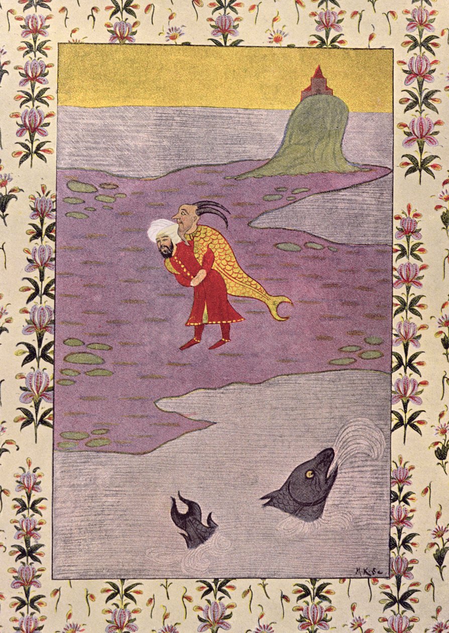 Den fjerde turen til Sinbad, illustrasjon for sjømannen Sinbad, fra The Arabian Nights, 1895 (fargegravering) av French School