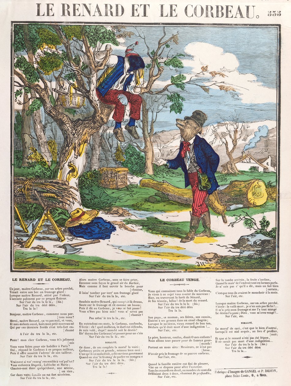The Fox and the Crow, ca. 1840 (farget gravering) av French School