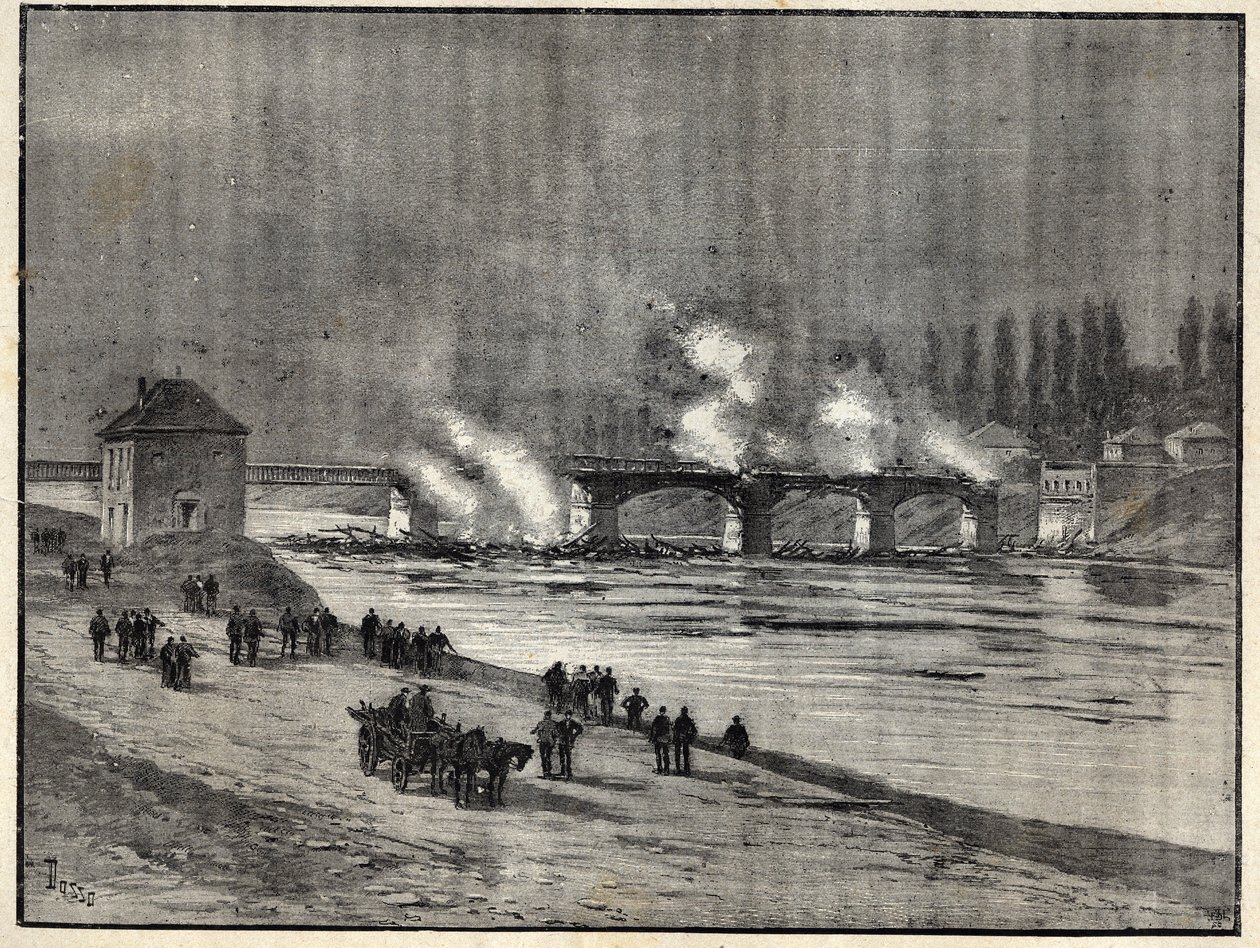 The Franco-Prussian War - The defence of Paris-burning the Bridge of Asnieres - Fire of the bridge of Asnieres during the siege (defense) of Paris Engraving in “” Les combatants de 1870-71”” by commander Leonce Rousset (1850-1938) - Franco Prussian War - ( av French School