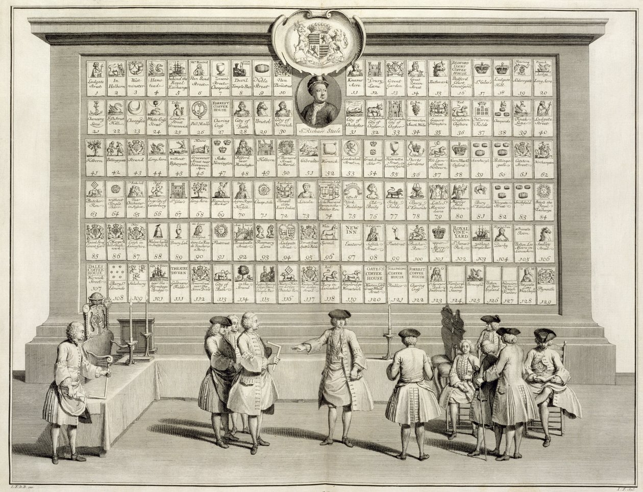 The Free Masons, med skilt for de forskjellige logene, fra The Ceremonies of Religion and Custom, ca. 1733 av French School