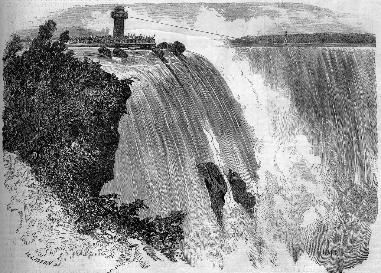 Den franske akrobaten Blondin (Jean Francois Gravelet, dit) (1824-1897) krysser Niagara Falls. Fra en skisse av Mr. Philibert. Gravering i "" Le Monde Illustré"" nr. 127 av 17. september 1859. av French School