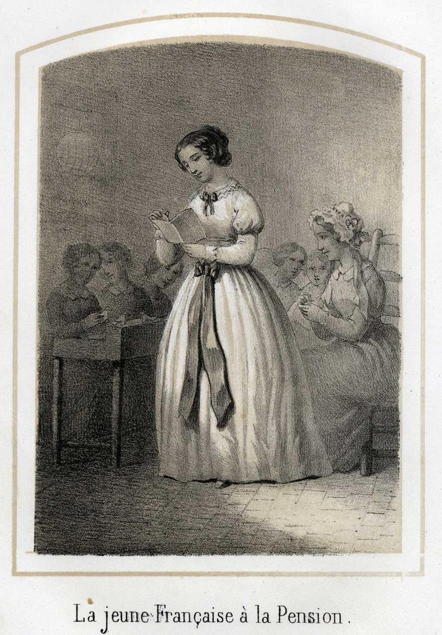 Den franske jenta leser for klassekameratene. Anonym gravering fra 1800-tallet av French School