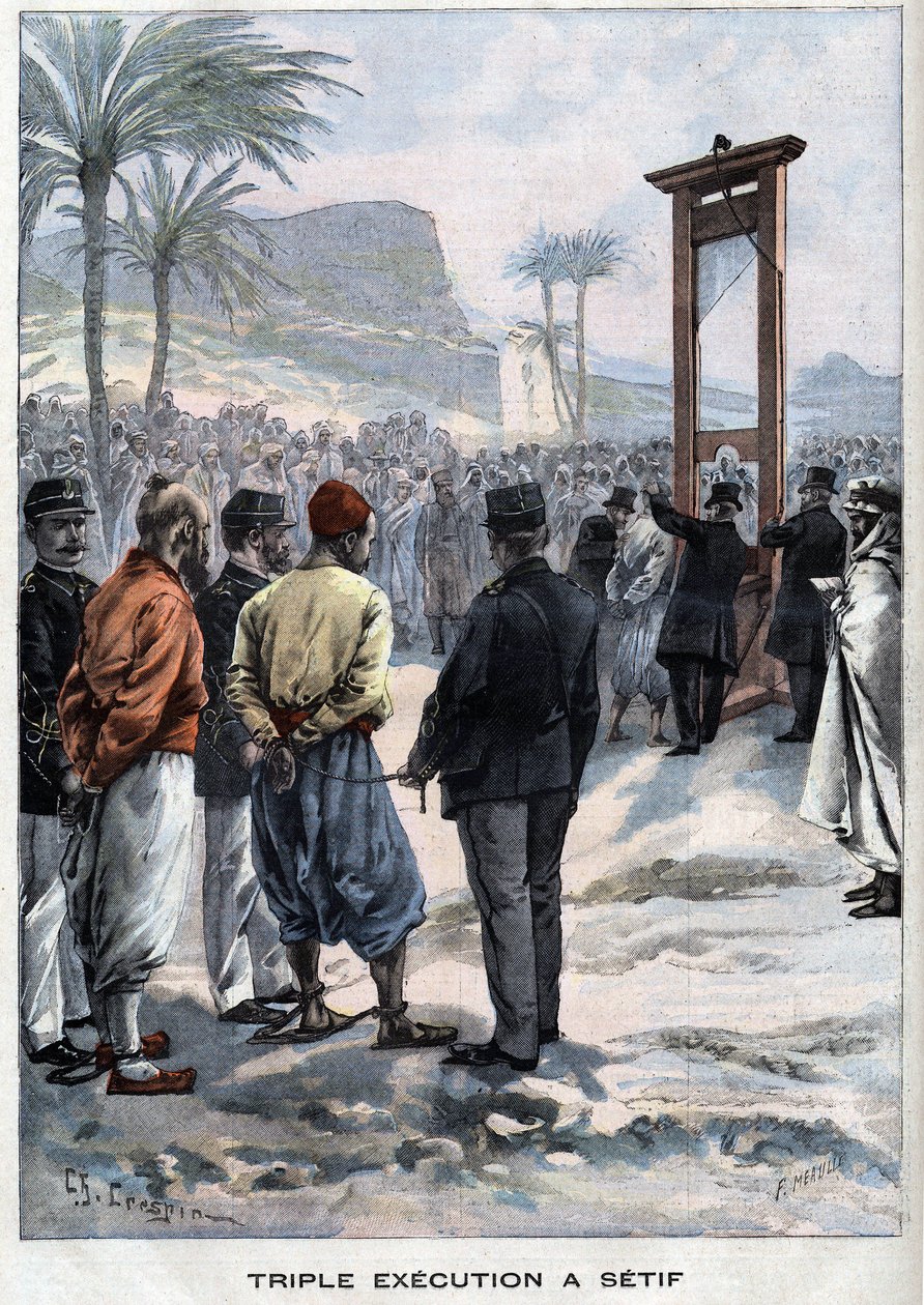 The French guillotine three rebels at Setif in Algerie - in " Le Petit Parisien” av French School
