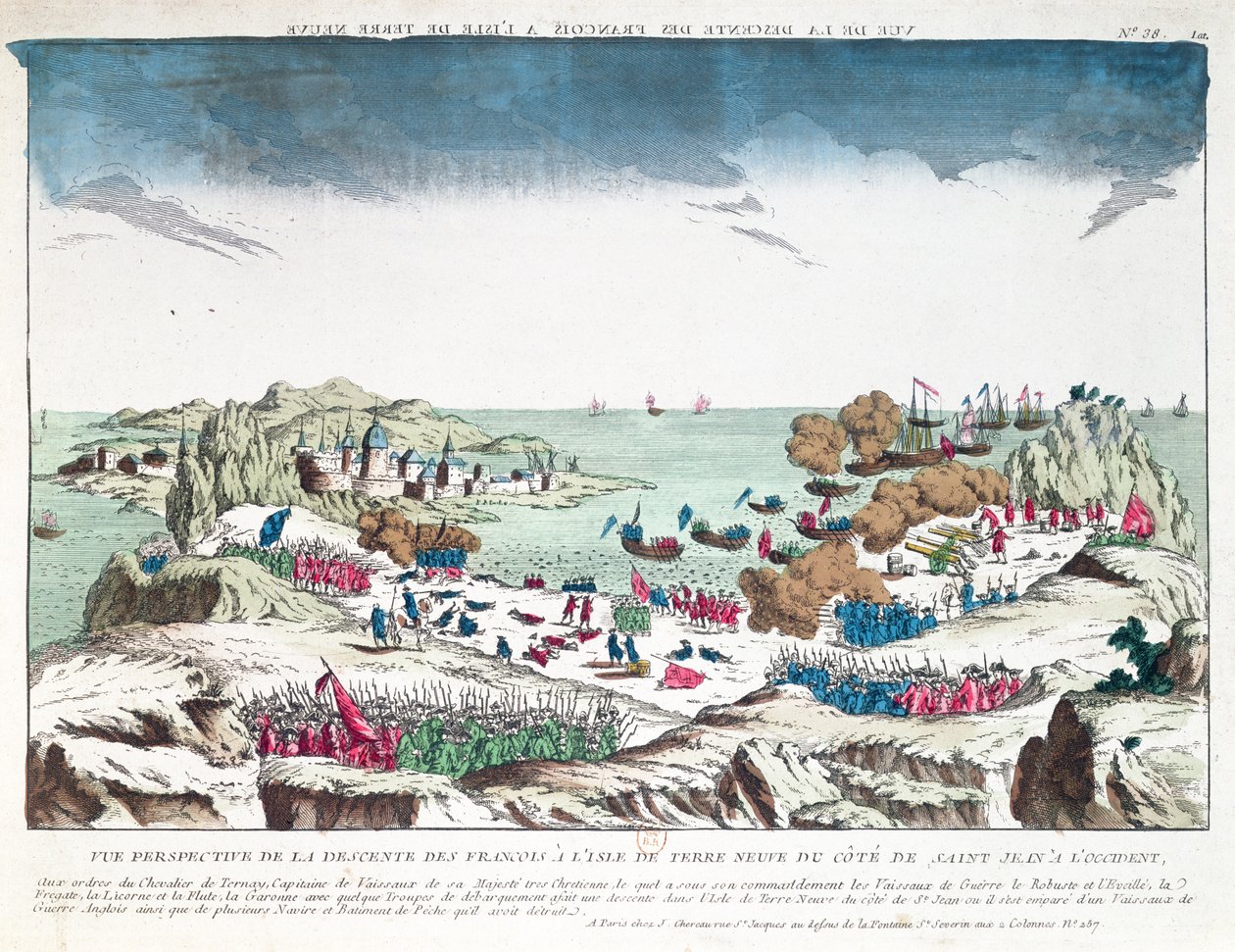Det franske angrepet på St. John i Newfoundland 2. juni 1762 under kommando av Chevalier du Ternay (1722-80), slutten av det attende århundre av French School