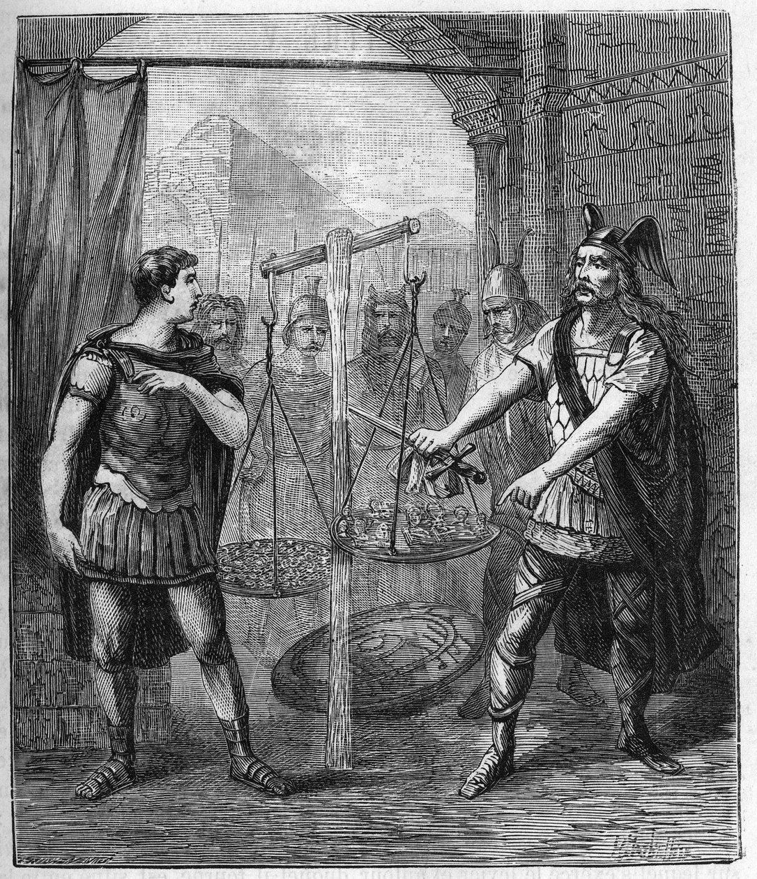 Den galliske hærlederen Brennos (Brennus) beseirer romerne og proklamerer "" Vae Victis"" (Ve de overvunnede), gallerne krevde løsepenger etter deres erobring av Roma - Brennus leder av den galliske stammen av Senons uttaler den skjebne av French School