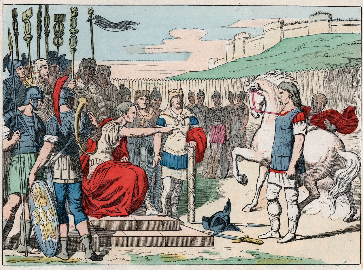 Den galliske kokken Vercingetorix (80-46 f.Kr.) drar til Jules Cesar (100-44 f.Kr.) til Alesia i 52 f.Kr. - Vercingetorix (72-46 f.Kr.) gallisk leder, overga seg til Cæsar i Alesia (Frankrike) - Gravering av slutten av det 19. århundre i "" Nos G av French School